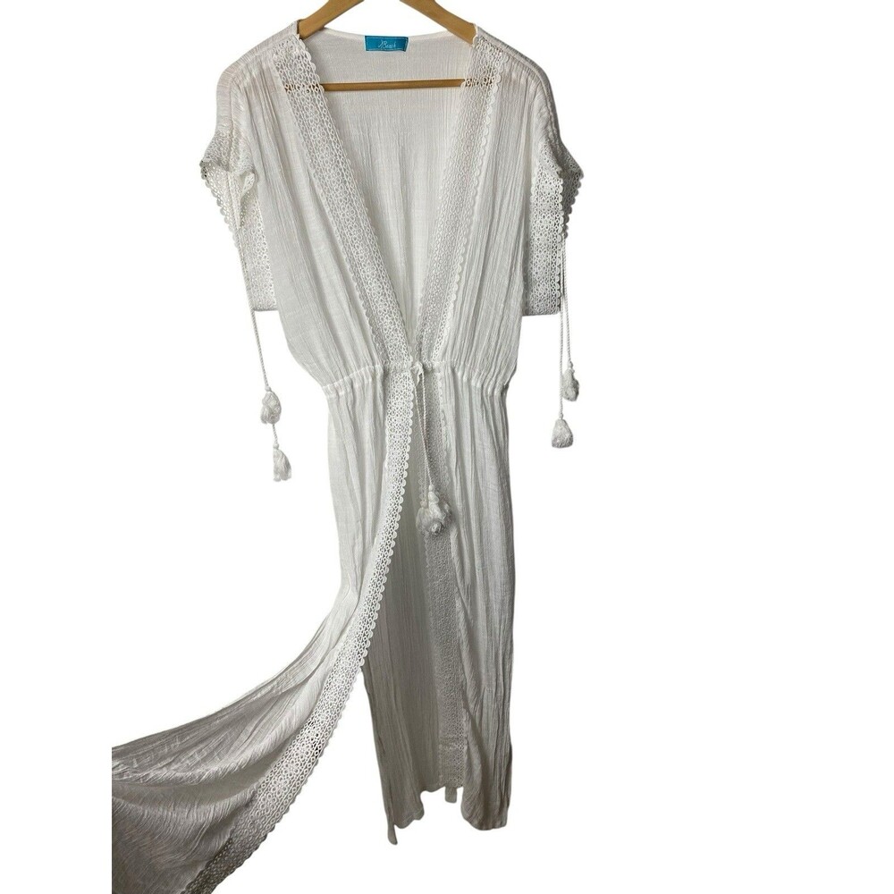 White Boho Swim Cover Up Maxi Kaftan Gauze Lace Tassel Tie Beach Lightweight OS